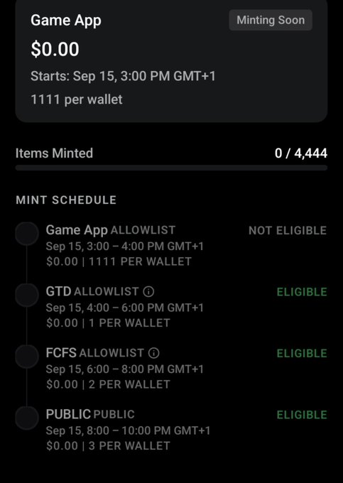 Mint schedule for 'Game App' NFT collection priced at $0.00, starting Sep 15 at 3:00 PM GMT+1 with 1111 per wallet limit across allowlist, GTD allowlist, FCFS allowlist, and public mint phases.