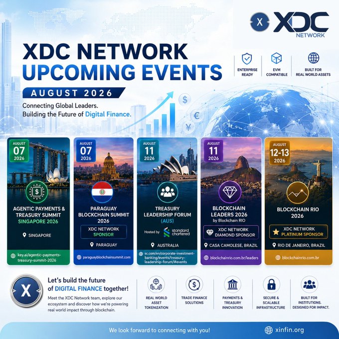 A promotional graphic for 'XDC NETWORK UPCOMING EVENTS' in August 2026, featuring events in Singapore, Paraguay, Australia, Brazil (Casa Camolese), and Rio de Janeiro.