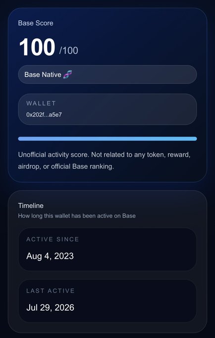 A wallet scoring interface showing Base Score 100/100 for a Base Native wallet (0x202f...a5e7), active since Aug 4, 2023, last active Jul 29, 2026, with a disclaimer noting it's unofficial and not related to rewards or rankings.