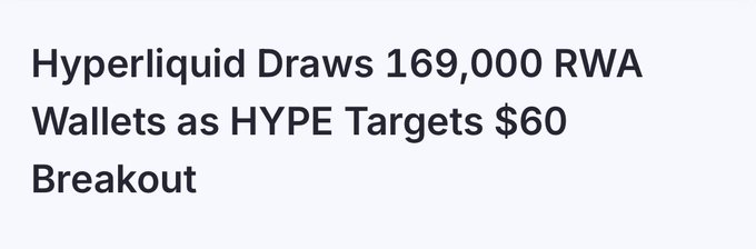 A news headline reading 'Hyperliquid Draws 169,000 RWA Wallets as HYPE Targets $60 Breakout'.