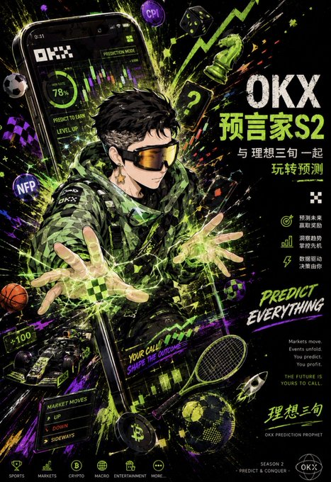 A stylized promotional poster features a character in a camo jacket and futuristic shades projecting green digital energy from their hands, surrounded by floating icons of sports gear, crypto symbols, and financial charts, with "OKX 预言家 S2" (OKX Prophet Season 2) branding alongside the tagline "PREDICT EVERYTHING" and "YOUR CALL SHAPE THE OUTCOME," promoting OKX's prediction market platform in partnership with 理想三旬 (Three Idealists), tying into the post's reveal of a new prediction season following the World Cup hype.