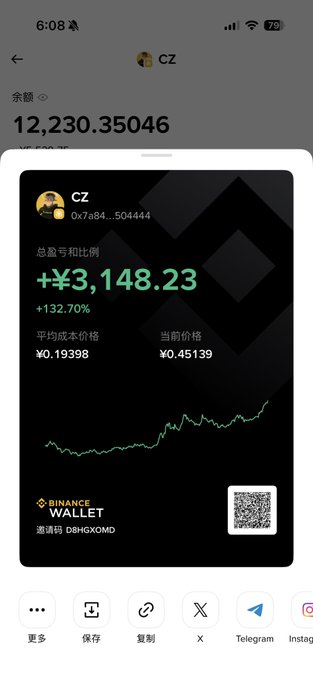 A screenshot of a Binance Wallet screen showing a crypto address '0x7a84...504444' for 'CZ' with a value of 12,230.35046, profit of +¥3,148.23 (+132.70%), and an average cost of ¥0.19398 vs current price ¥0.45139.