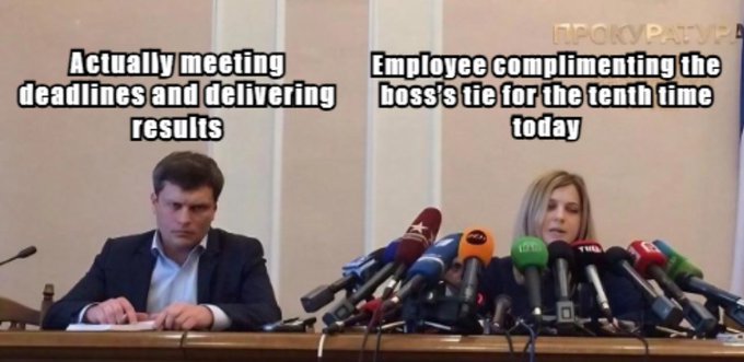 A meme showing a serious man at a press conference with no microphones captioned 'Actually meeting deadlines and delivering results' contrasted with a woman surrounded by microphones captioned 'Employee complimenting the boss's tie for the tenth time today'.