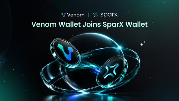 The image features a cosmic-themed announcement graphic with the text "Venom Wallet Joins SparX Wallet" prominently displayed beneath the logos for Venom and SparX. Two metallic coin-like objects bearing the Venom "V" and SparX "X" logos are surrounded by glowing orbital rings, symbolizing the transition from the Venom Wallet to the new SparX ecosystem wallet.