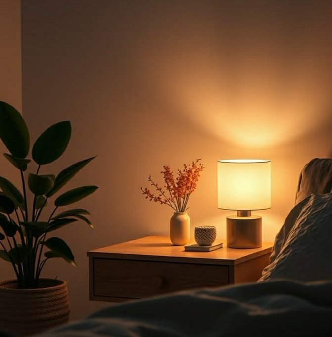 A warmly lit bedside scene features a glowing table lamp, a vase with dried flowers, a small candle, and a large green potted plant in the corner, all next to a bed.