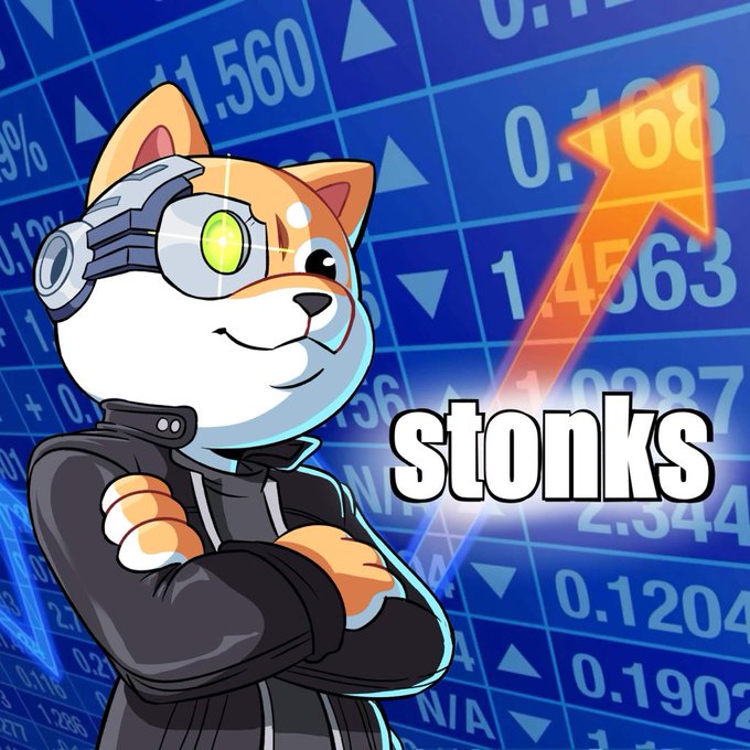 A Shiba Inu dog wearing futuristic goggles and a black hoodie stands confidently with crossed paws against a stock chart background showing an upward red arrow and numbers like 0.168 and 1.4563, with the word "stonks" prominently displayed, humorously tying the Artificial Inu token to rising stock performance on the Robinhood trading platform.
