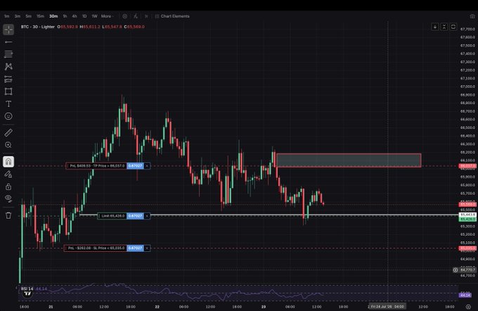 A 30-minute BTC-USD candlestick chart shows Bitcoin trading around $65,580, with a highlighted red rectangular zone near $68,050 marking a potential profit target area, alongside visible pivot points (S1 at 66,267.0, R1 at 66,420.0) and trade details including a limit entry at 65,438.0 on 2024-07-24 at 08:30:25, corresponding to the posted limit long trade on $BTC.
