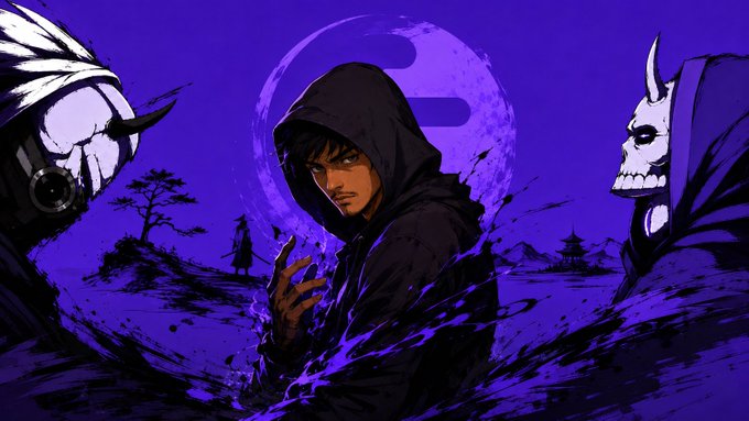 An anime-style illustration featuring a hooded figure in the center with menacing horned skull characters on either side, set against a purple background with a full moon and a distant silhouetted figure.