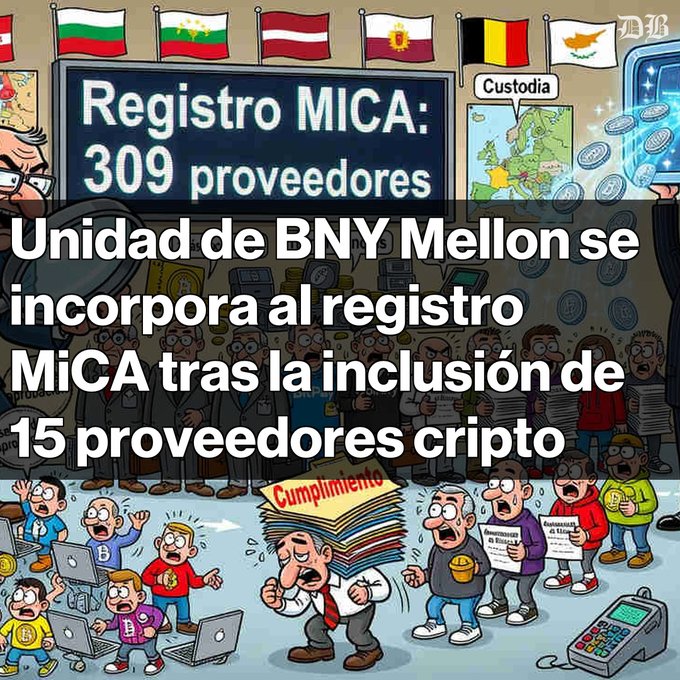 A cartoon illustration showing a crypto regulatory scene with a scoreboard reading 'Registro MiCA: 309 proveedores' and overlaid Spanish text stating 'Unidad de BNY Mellon se incorpora al registro MiCA tras la inclusión de 15 proveedores cripto'.