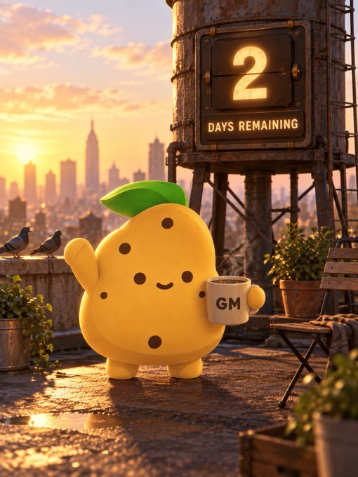 A cute 3D-rendered yellow cookie-like character with a green leaf on its head holding a coffee mug labeled 'GM', standing on a rooftop at sunset with a sign displaying '2 DAYS REMAINING'.