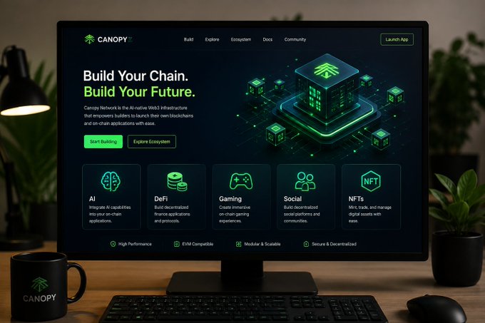 A website mockup for 'CANOPY' displayed on a monitor, advertising a 'Web3 infrastructure that empowers builders to launch their own blockchains and on-chain applications with ease', featuring categories like AI, DeFi, and Gaming.
