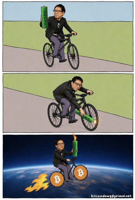 A three-panel comic-style illustration showing a man riding a bicycle while holding a green cannon labeled 'OMEGA,' eventually firing it to ride through space with Bitcoin logos as wheels, signed 'bitcoindawgs@primal.net'.
