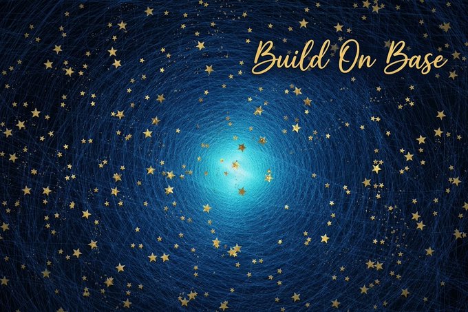 A blue starry sky background features a bright center with swirling patterns of gold stars and the text 'Build On Base' in elegant gold script.