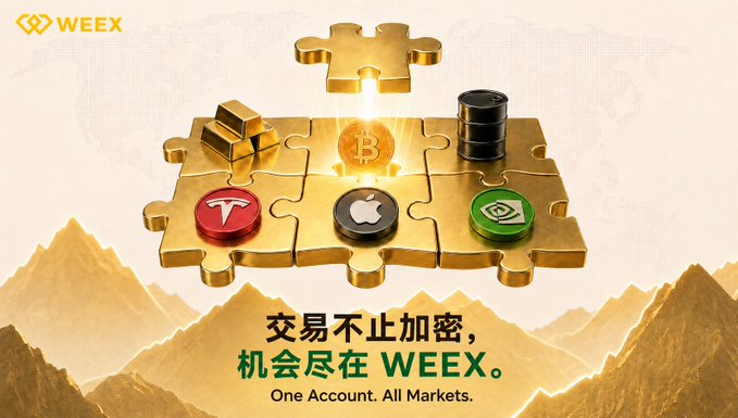 WEEX cryptocurrency exchange advertisement featuring golden puzzle pieces with Bitcoin, Tesla, Apple, Nvidia, and oil barrel icons, with the tagline 'One Account. All Markets.' and Chinese text translating to 'Trading beyond crypto, opportunities at WEEX.'