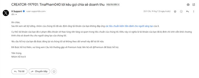 An email from X Support (user-support.com) in Vietnamese titled 'CREATOR-197931: TinaPham040 lời kêu gọi chia sẻ doanh thu' discusses a financial task, anti-spam measures, and converting to Premium for additional support.