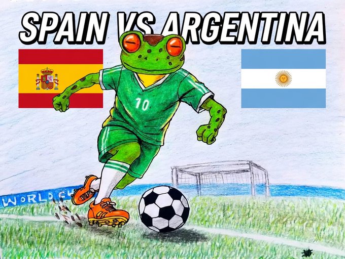 A hand-drawn illustration shows a red-eyed tree frog wearing a green jersey with the number 10, dribbling a soccer ball on a field with a goal in the background. The text "SPAIN VS ARGENTINA" appears at the top, flanked by the flags of Spain and Argentina, promoting a contest predicting the winner of the upcoming match for a chance to win $50 USDT.