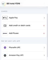 A mobile payment setup screen shows a total bill of ₹298 with Apple Pay already enabled as a card option, along with options to add credit/debit cards or Pluxee, while PhonePe UPI and Amazon Pay UPI are available as alternative payment methods. This relates to the post by showcasing the user's ability to use Apple Pay in India, where the service has limited support, with a crypto card as their payment method.