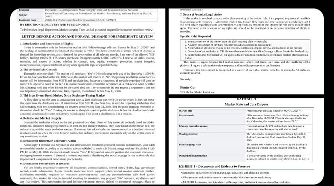 The image shows two pages of text that are related to a dispute over a prediction market. The first page contains information about the dispute and the parties involved, while the second page provides details about the legal action being taken by one party against another. This suggests that the case is likely related to intellectual property or copyright issues surrounding the Polymarket platform.