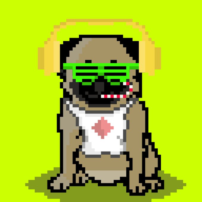 A pixel art illustration of a pug wearing yellow headphones, neon green shutter shades, and a white tank top featuring a pink star, set against a lime green background.