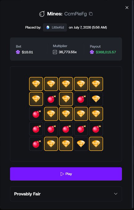 A screenshot of a Mines game on Shuffle.com showing a $10.01 bet by user "LittleKid" on July 7, 2026, resulting in a 36,773.55x multiplier and a $368,015.57 payout, supporting the post's claim of a "$368K MINES WIN."