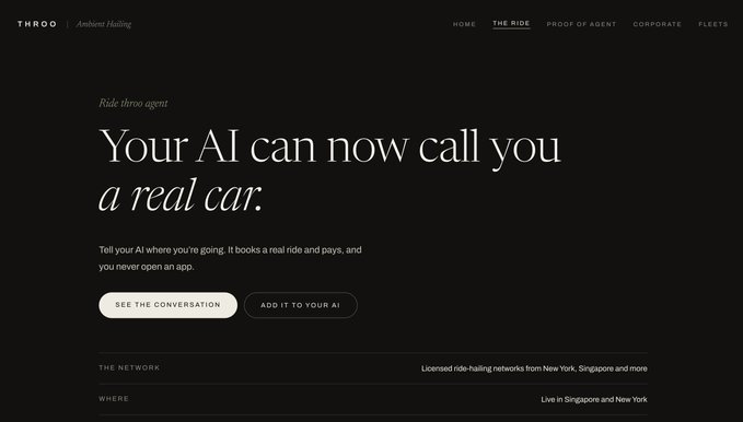 The image shows a dark-themed landing page for "THROO | Ambient Hailing" featuring the headline "Your AI can now call you a real car" with navigation links including "THE RIDE," "PROOF OF AGENT," "CORPORATE," and "FLEETS," visually illustrating MVL's Ambient Hailing concept that lets AI agents book and pay for real-world rides through services like Throo (New York) and TADA (Singapore).