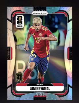 A Panini Prizm 2026 trading card featuring Spain's Lamine Yamal (90/255 serial number), with the rookie card designation visible at the top, fitting the post's mention of Panini NFT collectibles ahead of the World Cup.