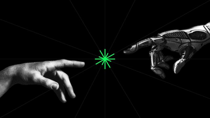 A stylized graphic parodying Michelangelo's Creation of Adam, showing a human hand reaching toward a robotic/mechanical hand, with a green starburst symbol between them on a black background.