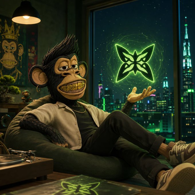 A 3D-rendered Bored Ape-style NFT character relaxes on a beanbag chair in a modern apartment, conjuring a glowing green butterfly-shaped symbol above their hand, with a record player and city skyline visible in the background.