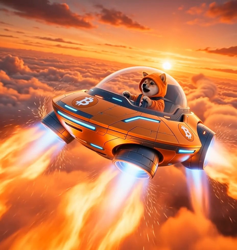 A digital illustration of a Shiba Inu dog wearing an orange hoodie, piloting a futuristic orange spacecraft emblazoned with the Bitcoin (₿) logo through fiery clouds.