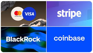 The image displays logos of major financial and crypto companies: Visa and Mastercard (with an American Express card), Stripe, BlackRock, and Coinbase. These companies are highlighted as key members of the "Open Standard" consortium mentioned in the post, which is launching a new stablecoin called Open USD (OUSD).