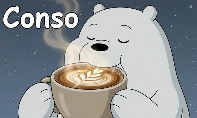 The image features a cartoon polar bear holding a cup of coffee against a dark blue background, with the word "CONSO" written above the bear's head. The caption below the image reads, "CONSO @Conso_xyz is building: Stablecoins are shaping the digital economy. As financial flows migrate on-chain via USDC, CONSO combines seamless payments with an advanced Reputation Layer to build the financial infrastructure for the next-gen internet".