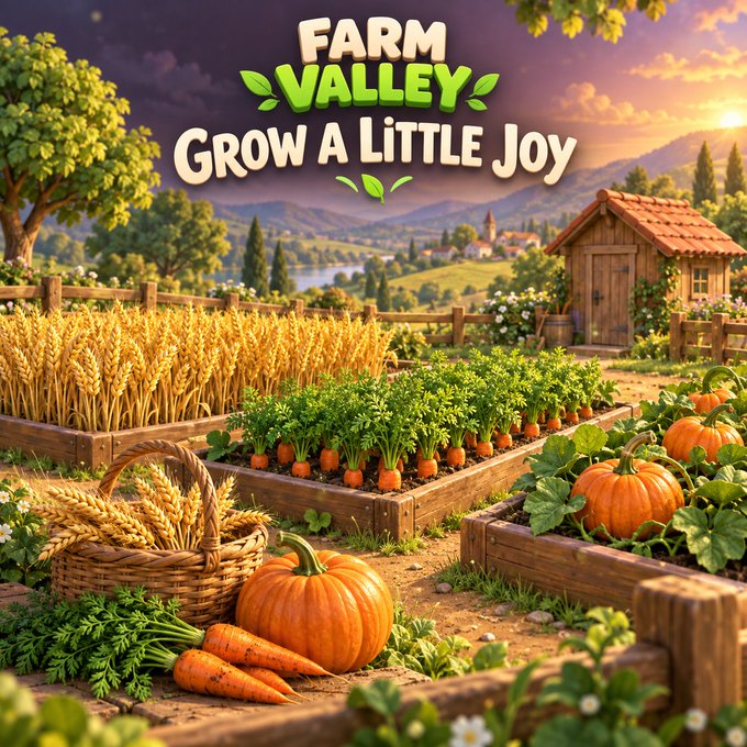 Promotional artwork for the mobile game 'FARM VALLEY' with the tagline 'Grow a Little Joy' depicting a vibrant vegetable garden with carrots and pumpkins.