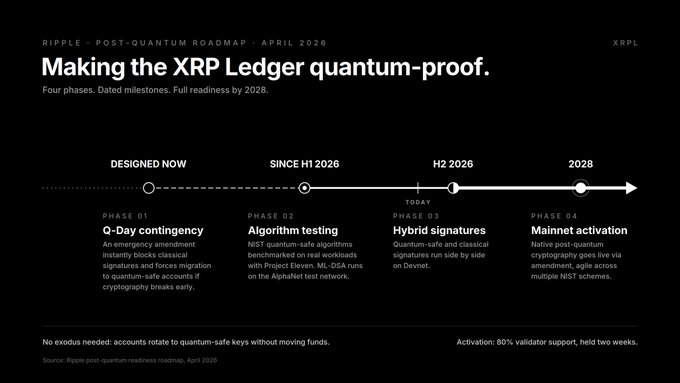 An infographic titled 'Making the XRP Ledger quantum-proof' details Ripple's post-quantum roadmap in four phases, with milestones extending to 2028, including 'Q-Day contingency', 'Algorithm testing', 'Hybrid signatures', and 'Mainnet activation'.