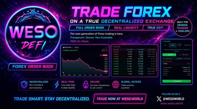 The image presents a poster for "Trade Forex" with a focus on the "WESO order book". The poster features a neon circle logo with a pink border containing an open trading platform displaying the cryptocurrency markets along with information about trading, such as a description of the order book and the current time. The text above the picture reads: "Trader Forex Order Book & Trade Smart, trade all things Terra Luna Classic, including your stable coins from @WESOWorld DEFi DeX!".