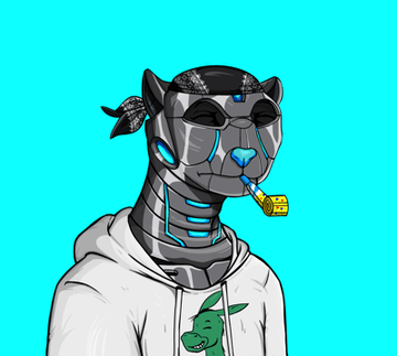 A digital illustration of a panther-like cyborg character wearing a bandana and white hoodie, smoking a pipe against a bright teal background.