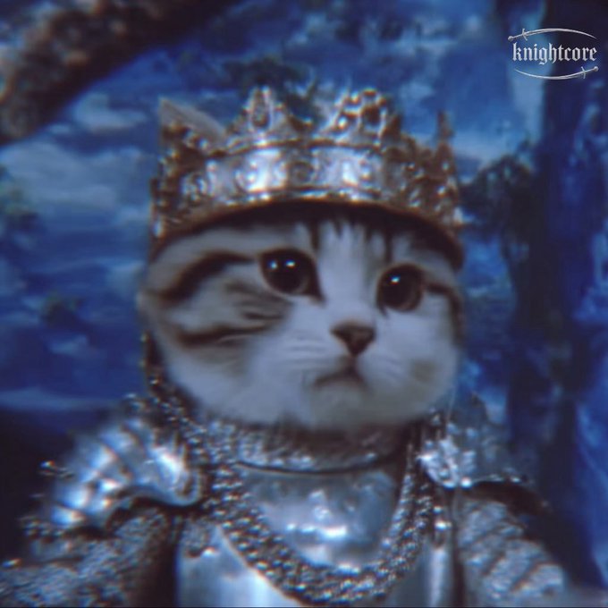 A knightcore-style edited image of a cat wearing an ornate silver crown and chainmail armor with a blue, dreamy forest background, labeled 'knightcore' in the top right corner.