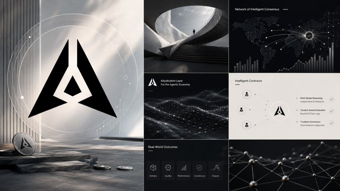 This image visually depicts the "Adjudication Layer for the Agentic Economy," highlighting concepts like "Network of Intelligent Consensus" and "Intelligent Contracts" to support a future driven by autonomous AI agents, as suggested by the accompanying text.