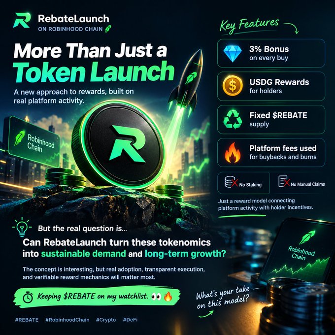 A promotional poster for “RebateLaunch ON ROBINHOOD CHAIN” reads “More Than Just a Token Launch” and lists “3% Bonus,” “USDG Rewards,” “Fixed $REBATE supply,” “Platform fees used for buybacks and burns,” “No Staking,” and “No Manual Claims.”