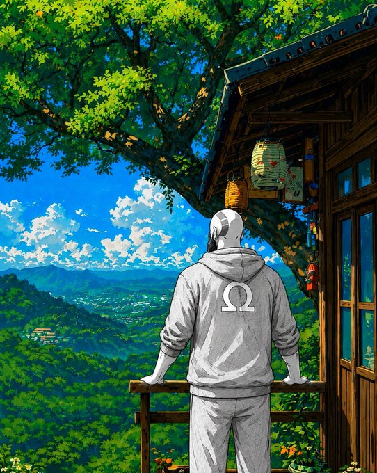 A grayscale figure wearing a hoodie with the Greek letter "Ω" (Omega) on the back stands on a wooden balcony, overlooking a lush green valley and distant village from a hilltop cabin.

The omega symbol on the hoodie subtly references "the end," mirroring the post's theme of June closing out a brutal first half of 2026 for crypto, marked by widespread project shutdowns and disappointing airdrops—evoking a contemplative "looking back" mood at a grim stretch finally coming to a close.