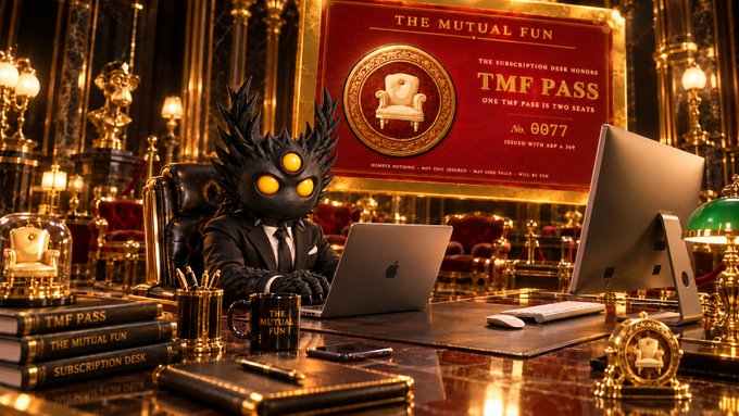 An NFT-themed black creature with glowing yellow eyes sits at an opulent golden desk working on a MacBook, surrounded by "TMF PASS" and "The Mutual Fun" branding, including "THE SUBSCRIPTION DESK SUNDRIES" and "No. 0077" signage, illustrating the minting process described in the post.