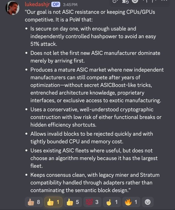 A Discord message from user 'lukedashjr' outlining a detailed philosophy for an ideal Proof-of-Work (PoW) algorithm focused on decentralization, security, and mature ASIC markets.