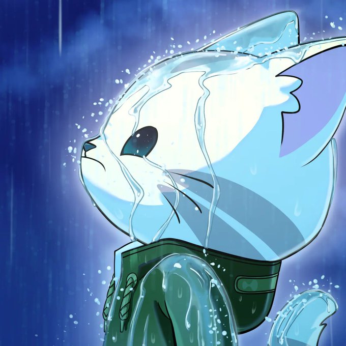 A sad, crying cartoon cat ("sinkie") wearing a green harness stands in the rain, wet and defeated — illustrating the "victims exposing SINKIE FOUNDERS" drama referenced in the post about Hyperliquid2049 week.