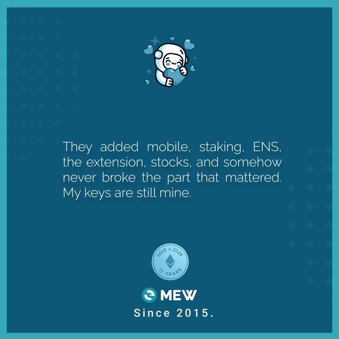 A teal social media post from the MyEtherWallet account celebrating 11 years (2015-2026), featuring a cartoon mascot and text praising their consistent non-custodial service.