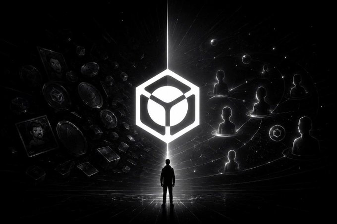 A dark, cosmic-themed digital artwork showing a silhouetted figure facing a glowing white cube/portal, surrounded by floating user icons and digital fragments.