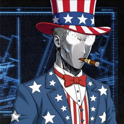 A stylized illustration of an Uncle Sam-inspired figure wearing a stars-and-stripes top hat and suit with a red bow tie, smoking a cigar, set against a blue technical grid background.