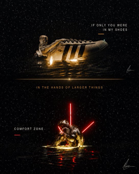 A dark artistic digital illustration featuring a giant shoe and a figure kneeling with red laser swords, accompanied by text 'IF ONLY YOU WERE IN MY SHOES', 'IN THE HANDS OF LARGER THINGS', and 'COMFORT ZONE'.