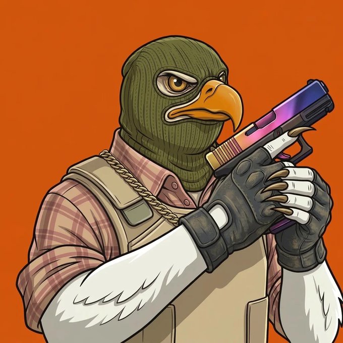 An illustration of an anthropomorphic eagle or bird character wearing a green balaclava, tactical gear, and gloves, holding a colorful pistol against an orange background.