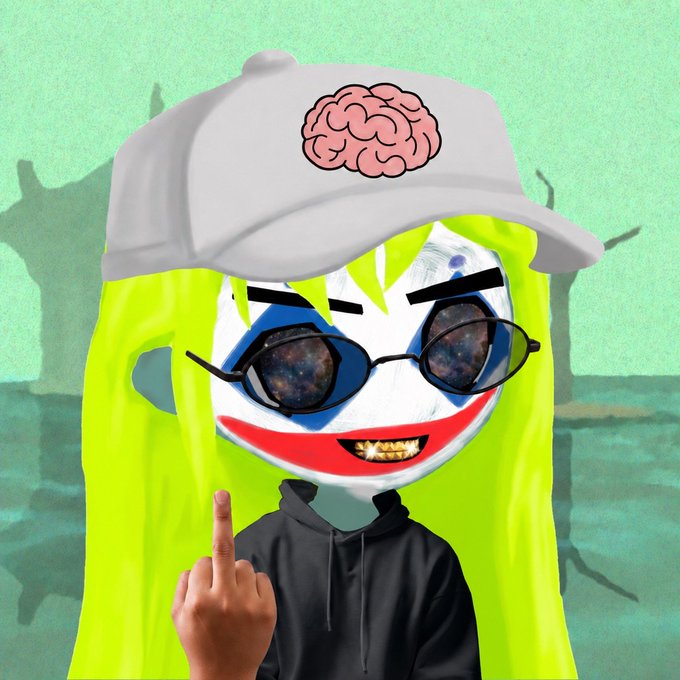 A digital illustration features a character with a clown-like smiling face, yellow-green hair, and a galaxy-reflective sunglasses, wearing a white cap with a pink brain logo and a black hoodie while making an obscene hand gesture.