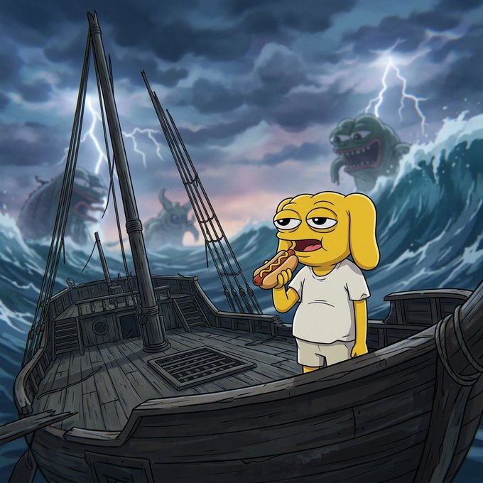 A yellow cartoon character casually eats a hot dog on a weathered wooden boat, unfazed by the stormy seas, towering waves, and menacing sea monsters with lightning striking in the background—visually capturing the "calm before the storm" sentiment of patiently waiting for some onchain action to finally arrive.