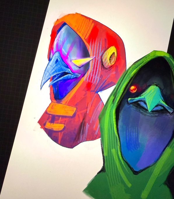 A colorful marker or paint illustration of two stylized figures wearing long beaked and bird-like masks, drawn on white paper.